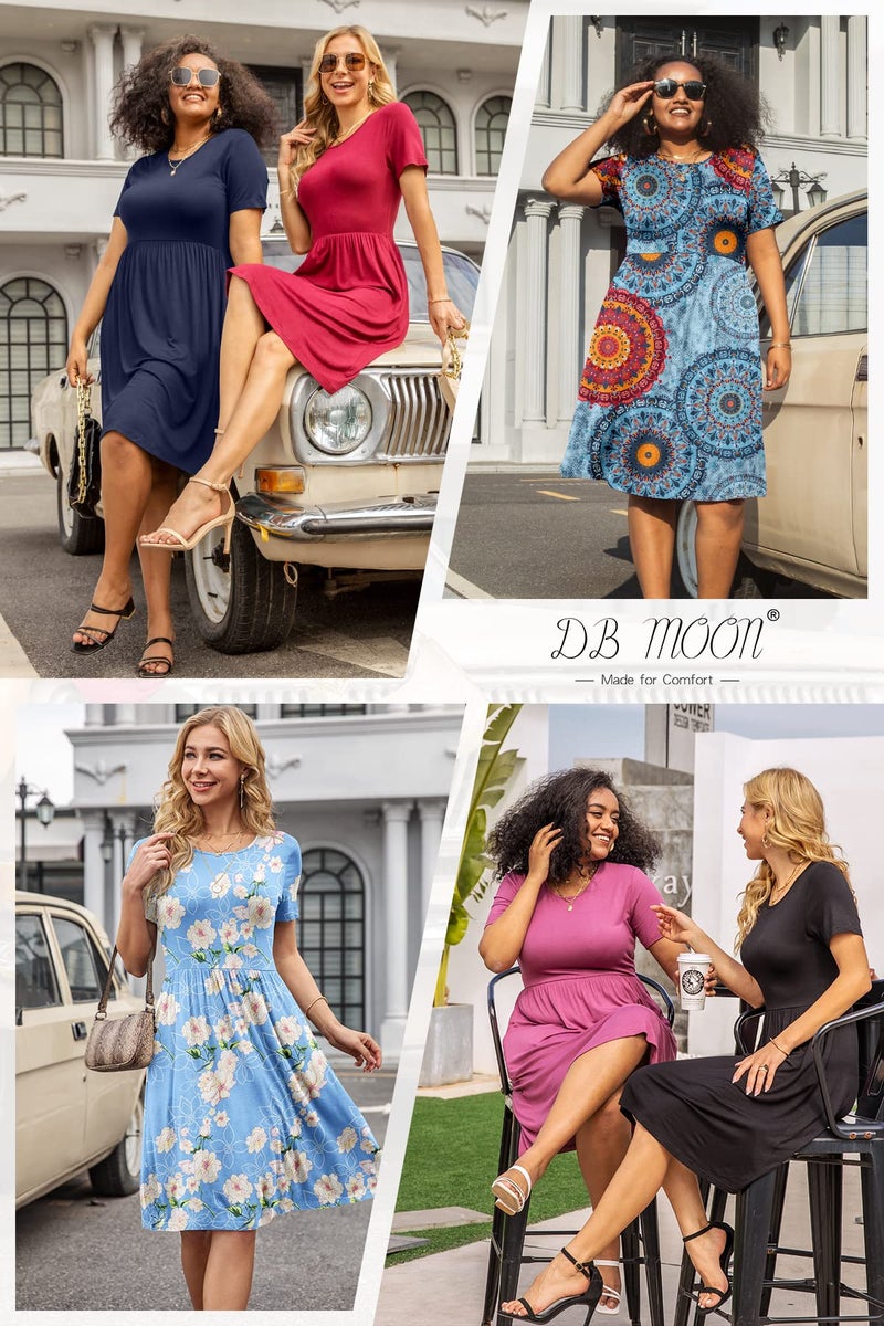 DB MOON Women Summer Casual Short Sleeve Dresses Empire Waist Dress with Pockets (Flower Navy Blue, M) - Image 3